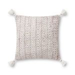 Square 18x18 blush and natural woven pillow with a chevron pattern and tassels on each corner