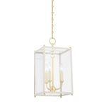 Chaselton 3-Light Off-White Lantern pendant with clear glass panels, aged brass frame and curved candle arms with cream ca...