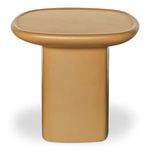 Manon Outdoor Side Table in warm tan with rounded square top and solid pedestal base