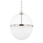 Donnell large pendant with clear glass upper dome, opal white glossy lower dome, and polished nickel band center