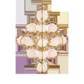 Storrs Chandelier with 14 milky white glass globes on swirling gold leaf wrought iron frame
