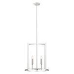 Tall cylindrical 4-light pendant chandelier in chrome with airy geometric frame combining sharp and round angles