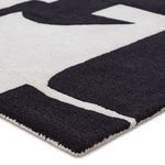 Close-up of rug's soft plush texture showing thick tufted black and cream fibers