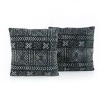 Two grey-toned pillows with white geometric mud cloth print on linen-cotton blend fabric