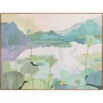 Saison framed painting from front view with clear pastel hues and solid pine frame edges visible