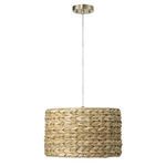 Pendant light from side angle showing braided woven shade and white twisted hanging cord