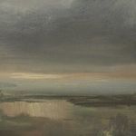 Close crop focused on the lower part of the painting showing muted earth tones in the river and grass texture