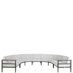 Wide view of large Santa Barbara slate gray sectional slipper sofa arranged in a curved shape with white cushions