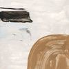 Abstract painting with large brown arch shape and black and blue brushstrokes on white background