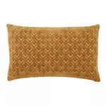 Mustard yellow lumbar pillow with embroidered diamond lattice design on soft cotton velvet front