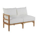 Santa Barbara Teak Left Arm Facing loveseat with white cushions and natural teak frame