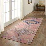Rug placed in entryway setting with wood floors and natural light from large window
