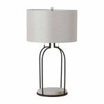 Joan Table Lamp with arched black metal frame, natural alabaster base, and white linen drum shade