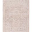 Traditional Tymabe rug with distressed tan, cream, and slate medallion and geometric border design