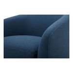 Close-up detail of textured blue woven fabric upholstery and rounded armrest