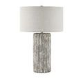 Lamp with off-white linen drum shade lighter than primary, shown from front angle