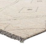 Close-up on thick wool pile texture and gray fringe detail at rug edge