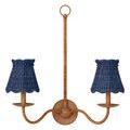 Double-arm wooden wall sconce with indigo tapered shades against cream textured background, front view