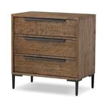 Side view of darker-stained dresser showing contiguous planked wood pattern from top to side