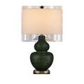 Kinnaird table lamp with double-gourd ceramic base in moss green splatter finish, beige drum shade, and metal base