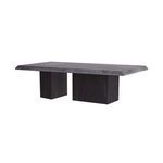 Three-quarter angled view showing charcoal marble top with subtle veining and dual wooden pedestals