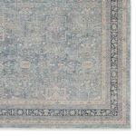 Detailed view of rug's patterned border with dark blue outer edge and intricate small-scale motifs.