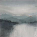 Serene painting of a mist-covered lake with muted blue and gray tones, soft brushstrokes, and atmospheric layering