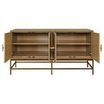 Sideboard with all four doors open revealing two interior shelves with concealed storage space