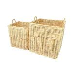 Set of 2 natural rattan baskets, handwoven, rectangular shapes with loop handles, different sizes