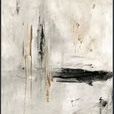 Abstract artwork blending soft muted tones with bold black and brown strokes creating depth and movement