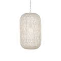 Pendant hanging from ceiling plate showing chain length and twine cover