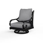 Outdoor swivel rocker chair with curled arms, cross back detail, aluminum frame in espresso finish, and gray cushions