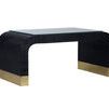 Waterfall Coffee Table with black raffia covering, curved edges, antique brass feet, and removable glass top