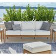Outdoor living area showing two Chesapeake End Tables flanking white cushioned sofa with gray and patterned pillows