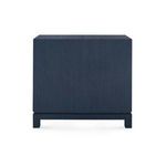 Side view of Florence dresser showing selvage blue finish and block-style legs