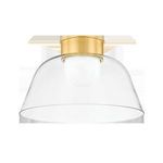 Front view of Lakeside Flush Mount showing clear glass shade and aged brass canopy from below