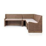 Side view highlighting cushions and armrest angle on one end of the rattan bench