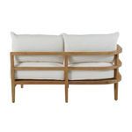Straight rear view focusing on teak frame construction with three horizontal rails and tight white cushion fit