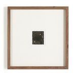 Rustic walnut framed painting with dark forest imagery and small white birds on square cream background