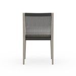 Back view of Sherwood Grey chair highlighting taut black rope back and tapered wooden legs