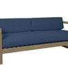 Coastal Teak Sofa with solid teak wood frame and deep blue cushions with modern square arm design