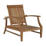 Teak chair without cushions showing slatted seat and back from front angle