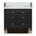 Front view of black linen vanity with three drawers, white marble top, and gold hardware
