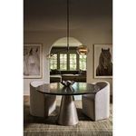 Artemis chandelier viewed from side angle highlighting balanced arches and amber glass globe arrangement