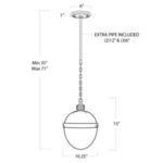 Line drawing with dimensions of Otis Pendant showing 15 inch height, 10.25 inch width, and adjustable hanging length