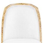 Close-up of the top edge of the chair’s backrest showing smooth white fabric and burl veneer trim