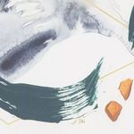 Close-up of lower painting area showing teal brushstroke and gold accents with artist initials