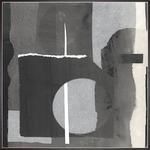 Abstract painting with overlapping geometric shapes in dark and muted tones, featuring a prominent circle and vertical line
