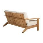 Back view of sofa showing teak wood slats and frame with cushioning visible from rear