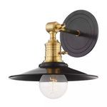 Garden City 1-Light Vintage Wall Sconce in brass and black with wide black shade and exposed filament bulb